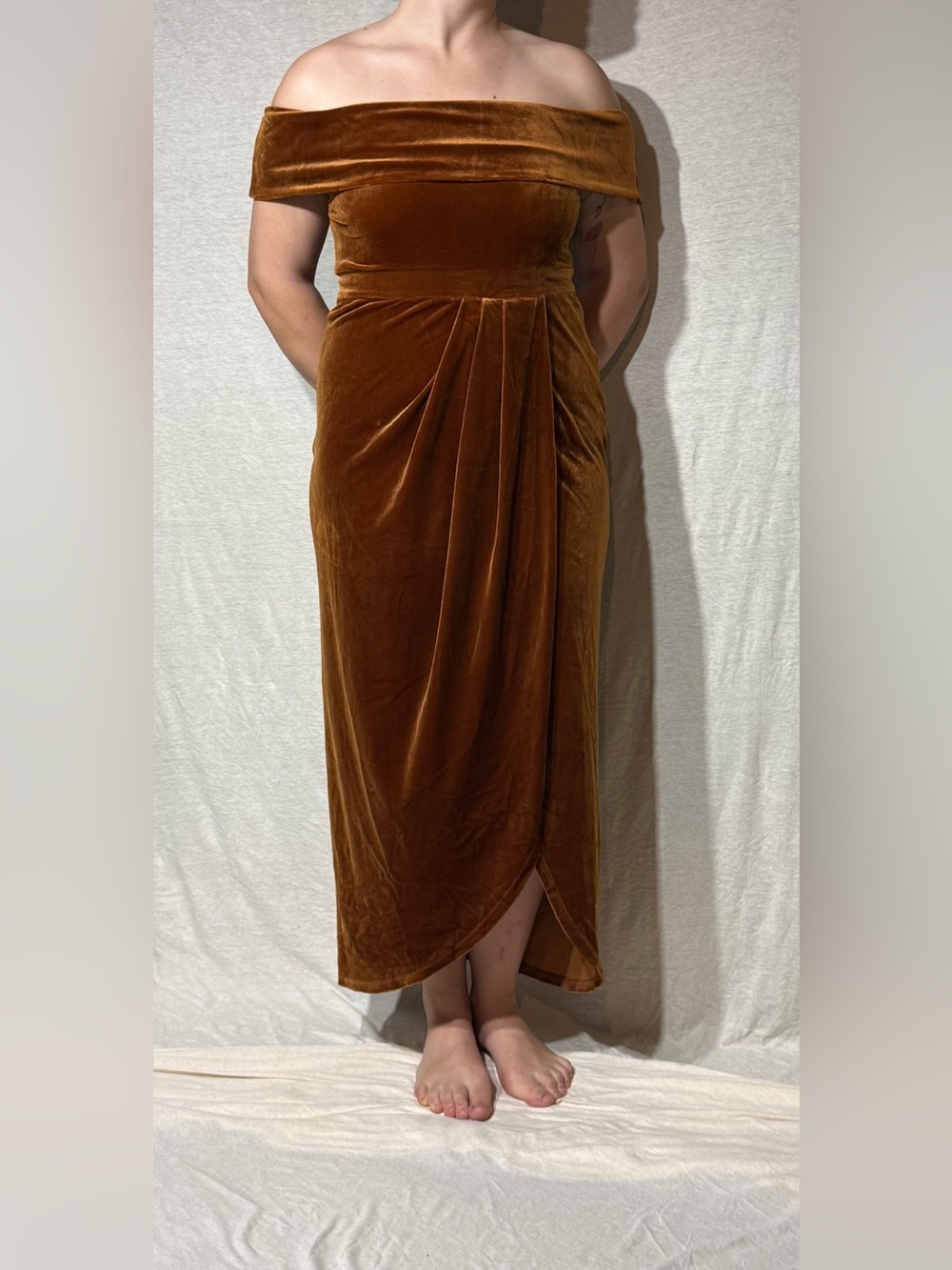 Lulu's Rust Orange Velvet Off-the-Shoulder Maxi Dress